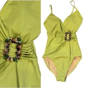 Shape FX Green Beaded One Piece Swimsuit Ruched Tummy Control Sz 8 Tall Coastal